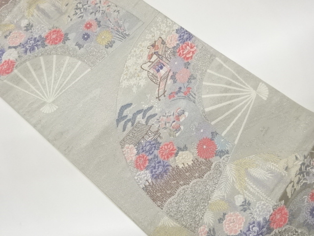 プラチナ箔重ね扇花鳥文織出し袋帯